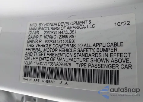 2022 Honda Accord Sport from USA, damaged, VIN 1HGCV1F36NA096676